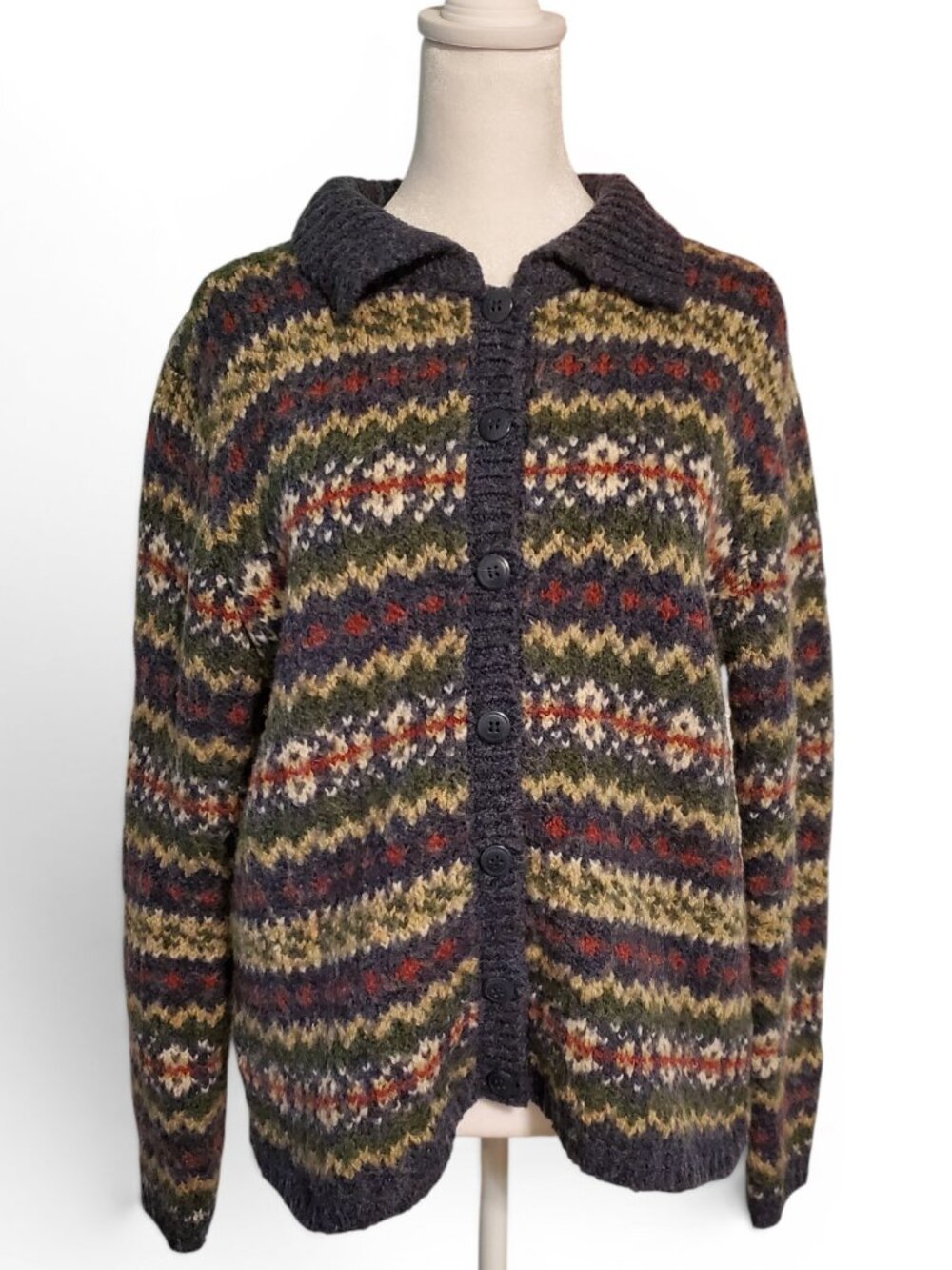 Vintage 90s Y2K Fair Isle Blue Red Striped Full Zip Grandma Cardigan Sweater